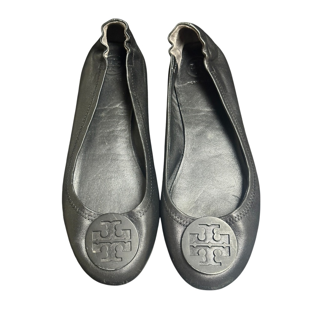 Tory Burch Minnie Travel Ballet Flats Black Leather Tonal Logo Womens 9M